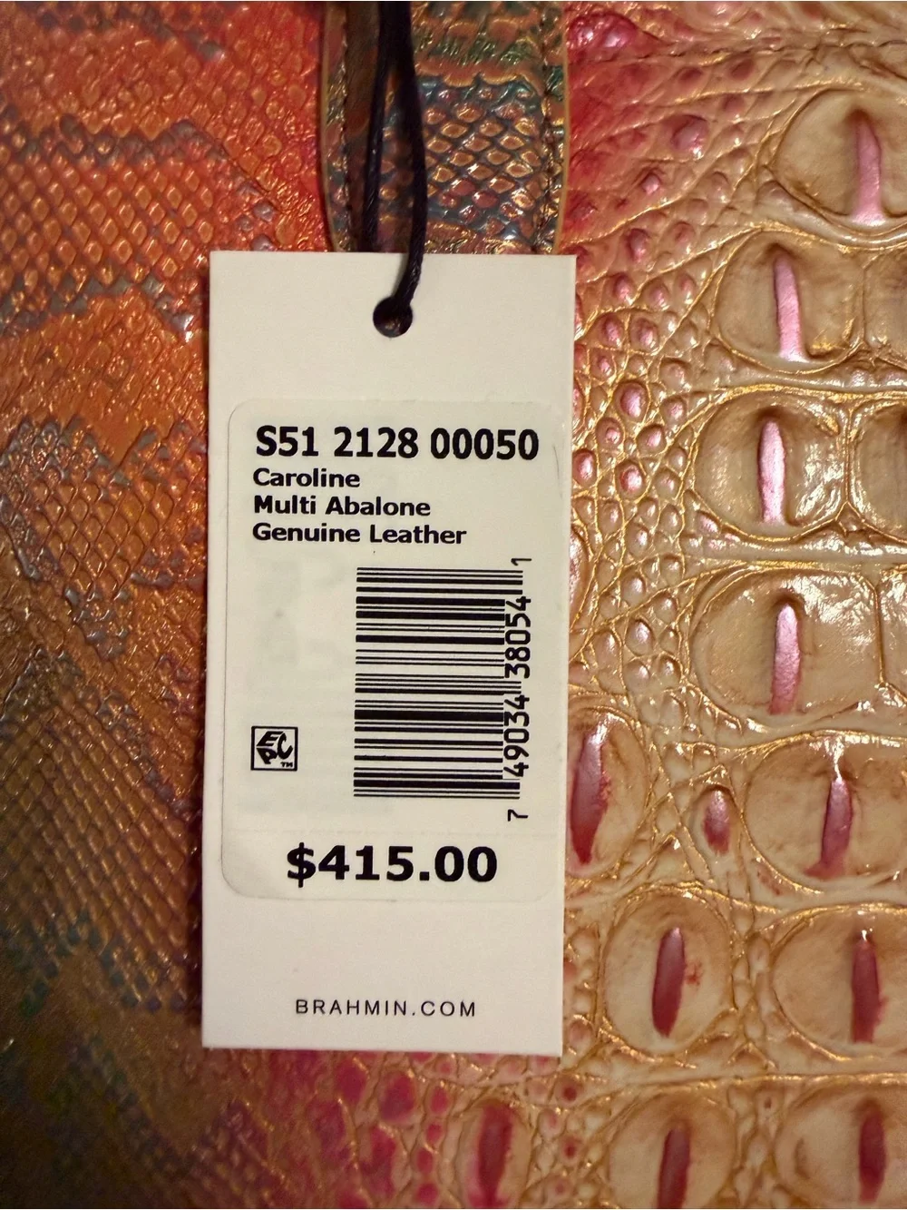 Brahmin Multicolor Iridescent Croc-Embossed Satchel with Pink and Teal Accents